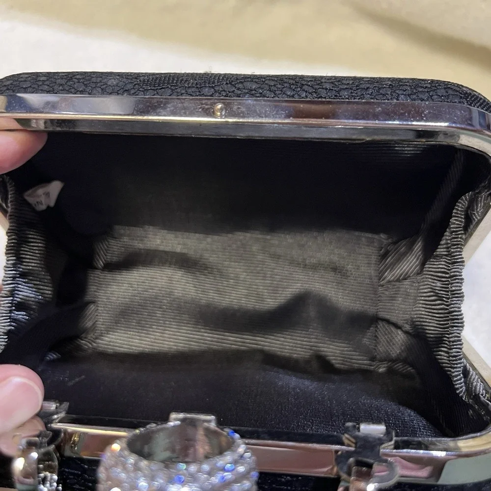 Jewell Black Hard Shell Faux Suede Evening‎ Prom Bag Rhinestone Ring Closure